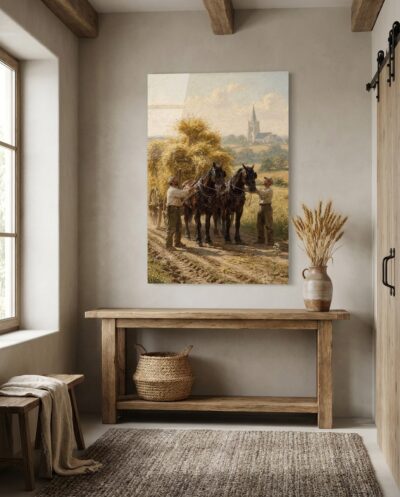 Two farmhands steady their draught horses beside a towering wagon of harvested wheat along a sunlit country road.