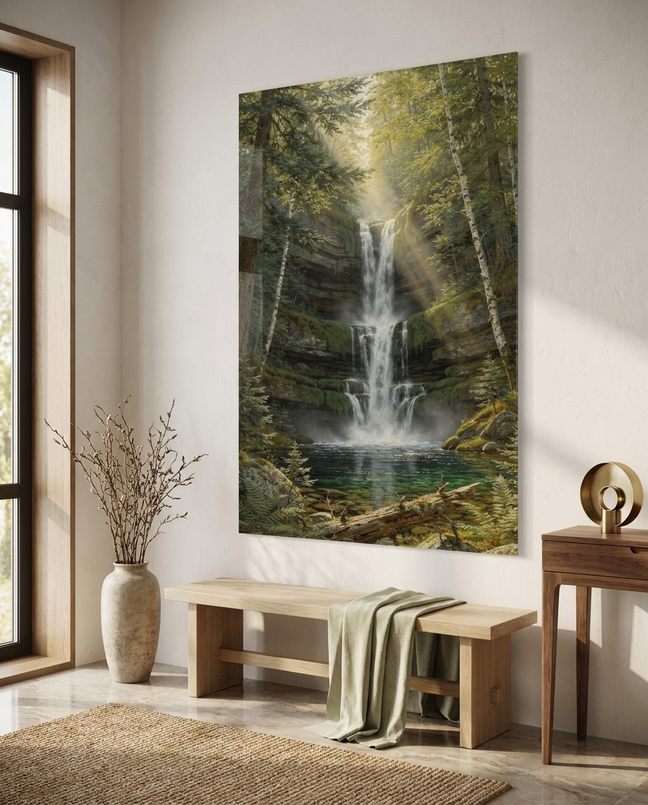 Morning sunbeams pierce an ancient woodland canopy, illuminating a secluded multi-tiered cascade spilling into an emerald forest pool.