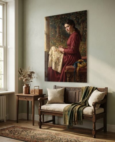 Bathed in soft window light, a dark-haired artisan meticulously stitches floral motifs onto linen amidst rich crimson folds and jewel-toned silks.