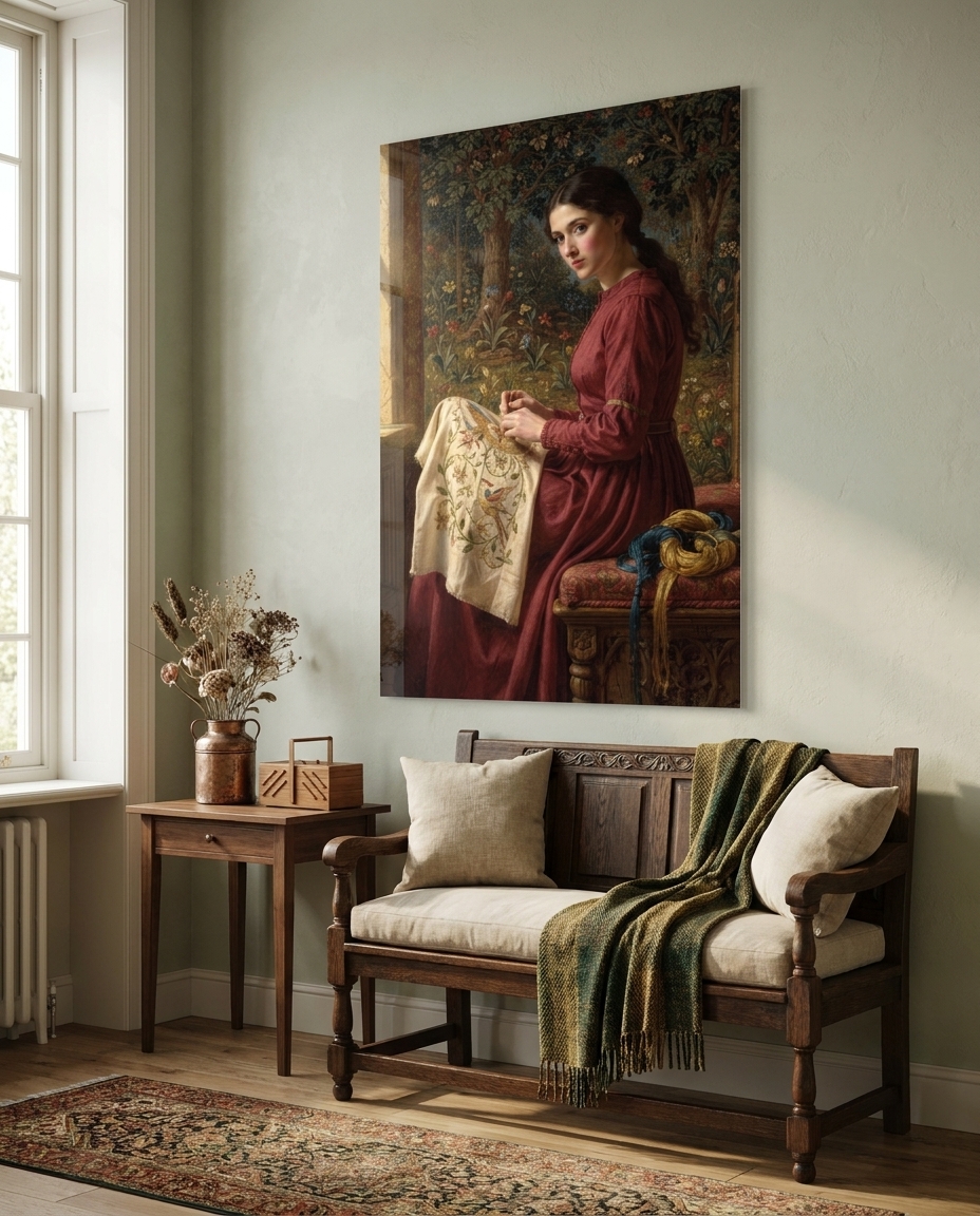 Bathed in soft window light, a dark-haired artisan meticulously stitches floral motifs onto linen amidst rich crimson folds and jewel-toned silks.