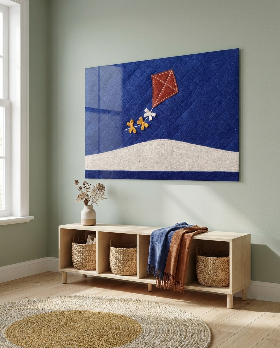 A terracotta diamond kite trails tiny mustard bows across an expansive, quilted cobalt sky and soft oatmeal dune.