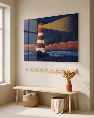 A handcrafted beacon of rust and écru casts a warm mustard glow across a tranquil twilight horizon.