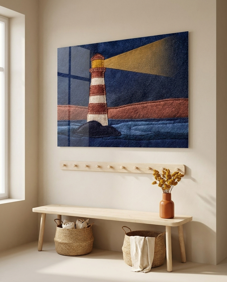 A handcrafted beacon of rust and écru casts a warm mustard glow across a tranquil twilight horizon.