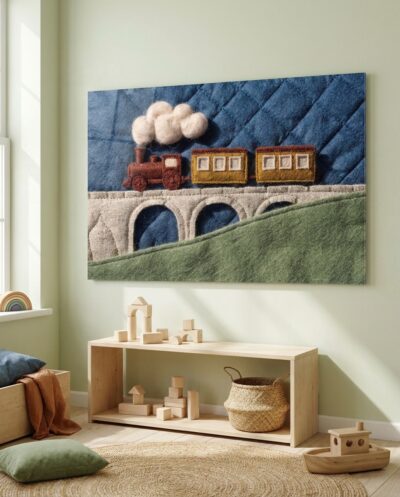 A charming wool-and-linen tableau where a rust-and-mustard locomotive chugs gently across an arched stone viaduct above rolling green hills.