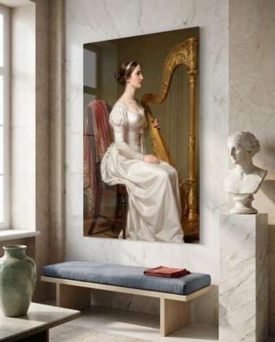 An elegant young woman in high-waisted white muslin rests beside an ornate gilded harp, bathed in the serene, balanced light of classical restraint.