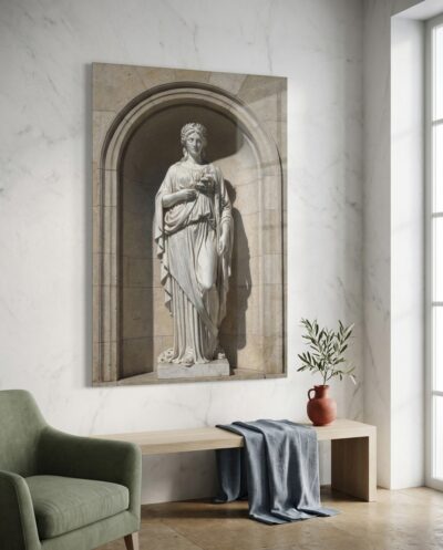 Carved in luminous white marble, an idealized classical muse draped in flowing folds stands poised within an arched stone alcove, cradling a delicate laurel sprig.