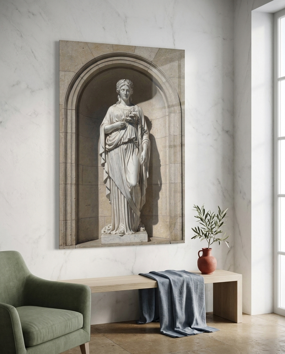 Carved in luminous white marble, an idealized classical muse draped in flowing folds stands poised within an arched stone alcove, cradling a delicate laurel sprig.