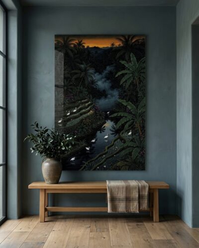 White herons wade through intricately stepped rice terraces cascading into a nocturnal jungle ravine, crowned by a sliver of ember twilight along the distant horizon.