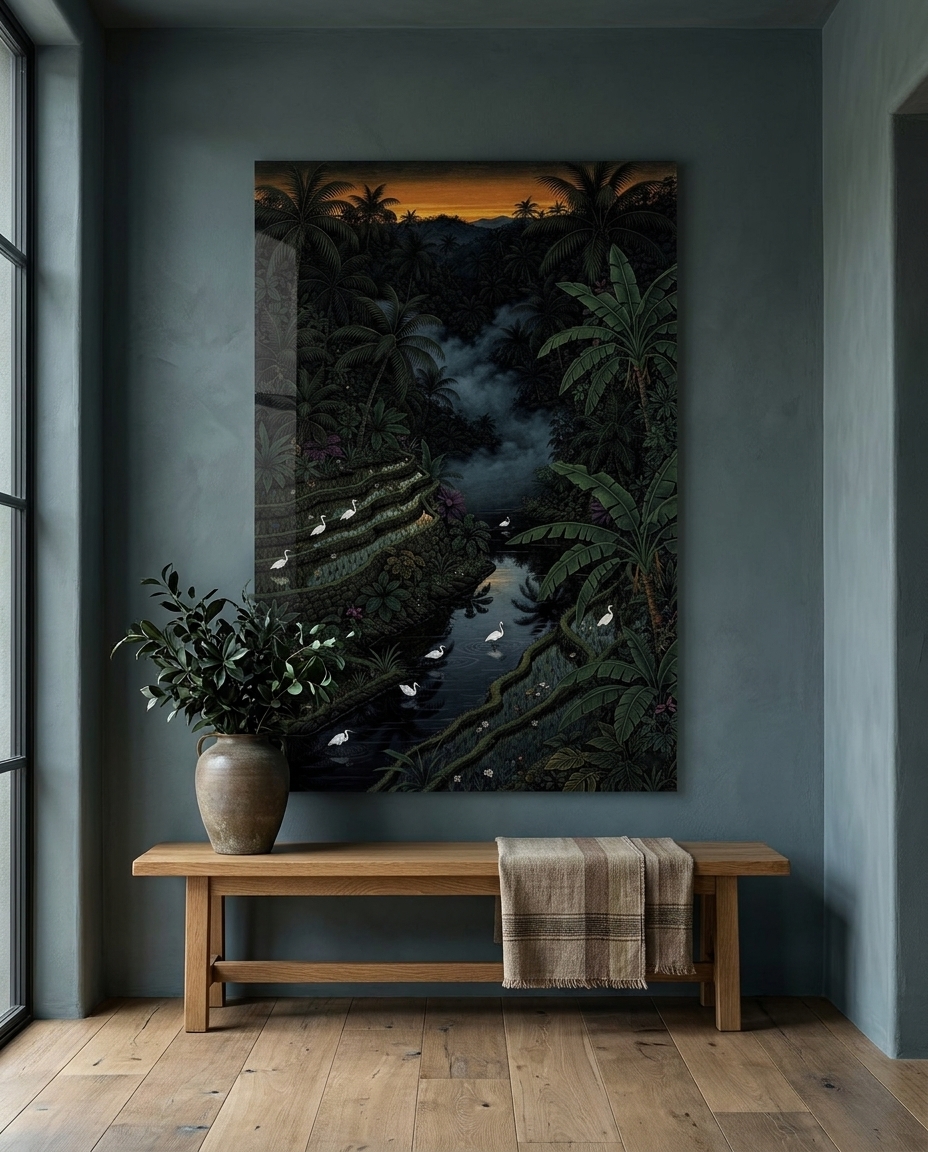 White herons wade through intricately stepped rice terraces cascading into a nocturnal jungle ravine, crowned by a sliver of ember twilight along the distant horizon.