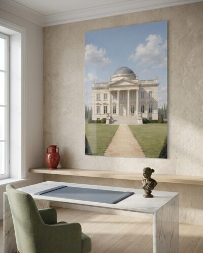 Bathed in luminous morning light, an immaculate neoclassical villa with an Ionic portico and central dome rises in perfect symmetry across a quiet emerald lawn.