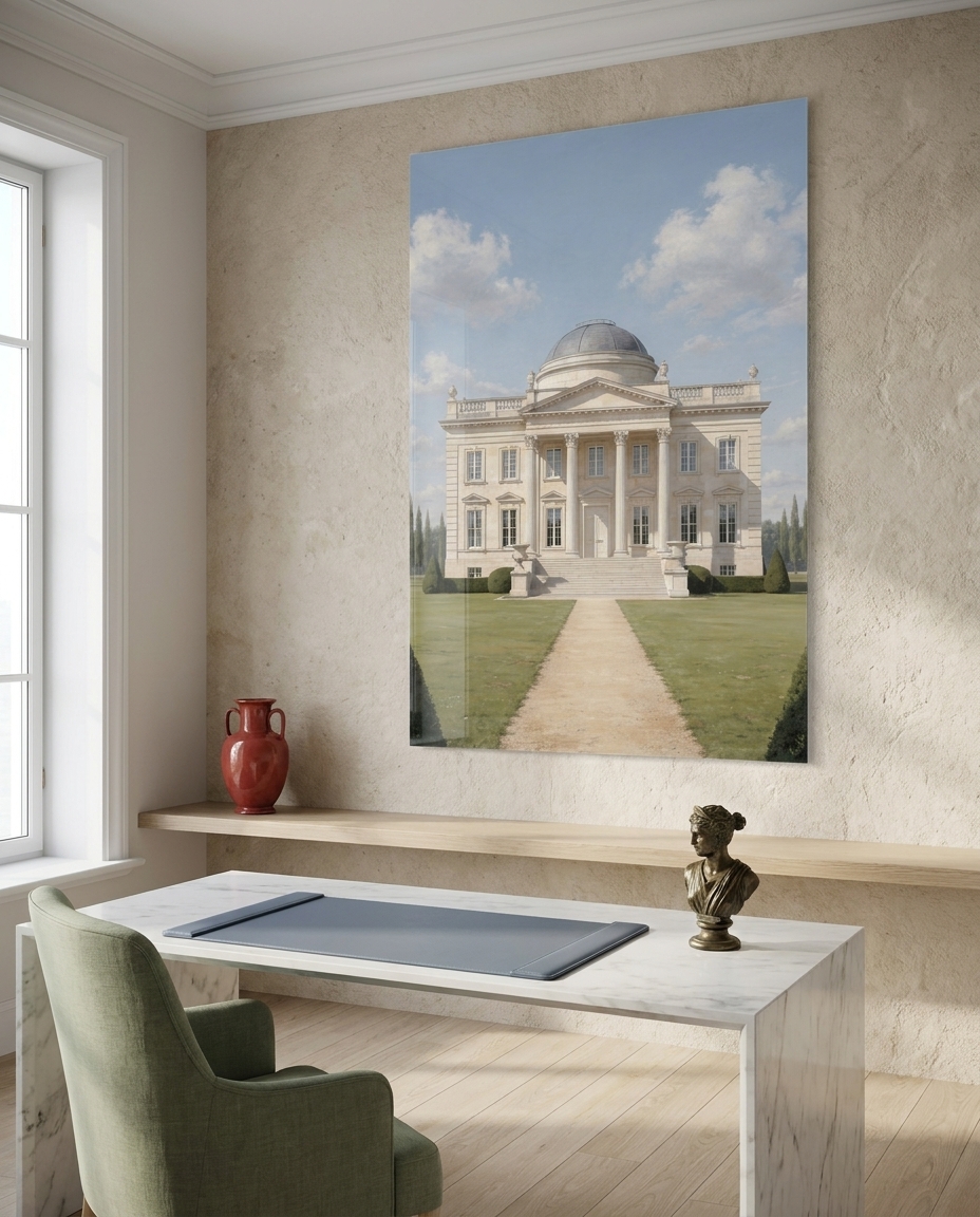 Bathed in luminous morning light, an immaculate neoclassical villa with an Ionic portico and central dome rises in perfect symmetry across a quiet emerald lawn.