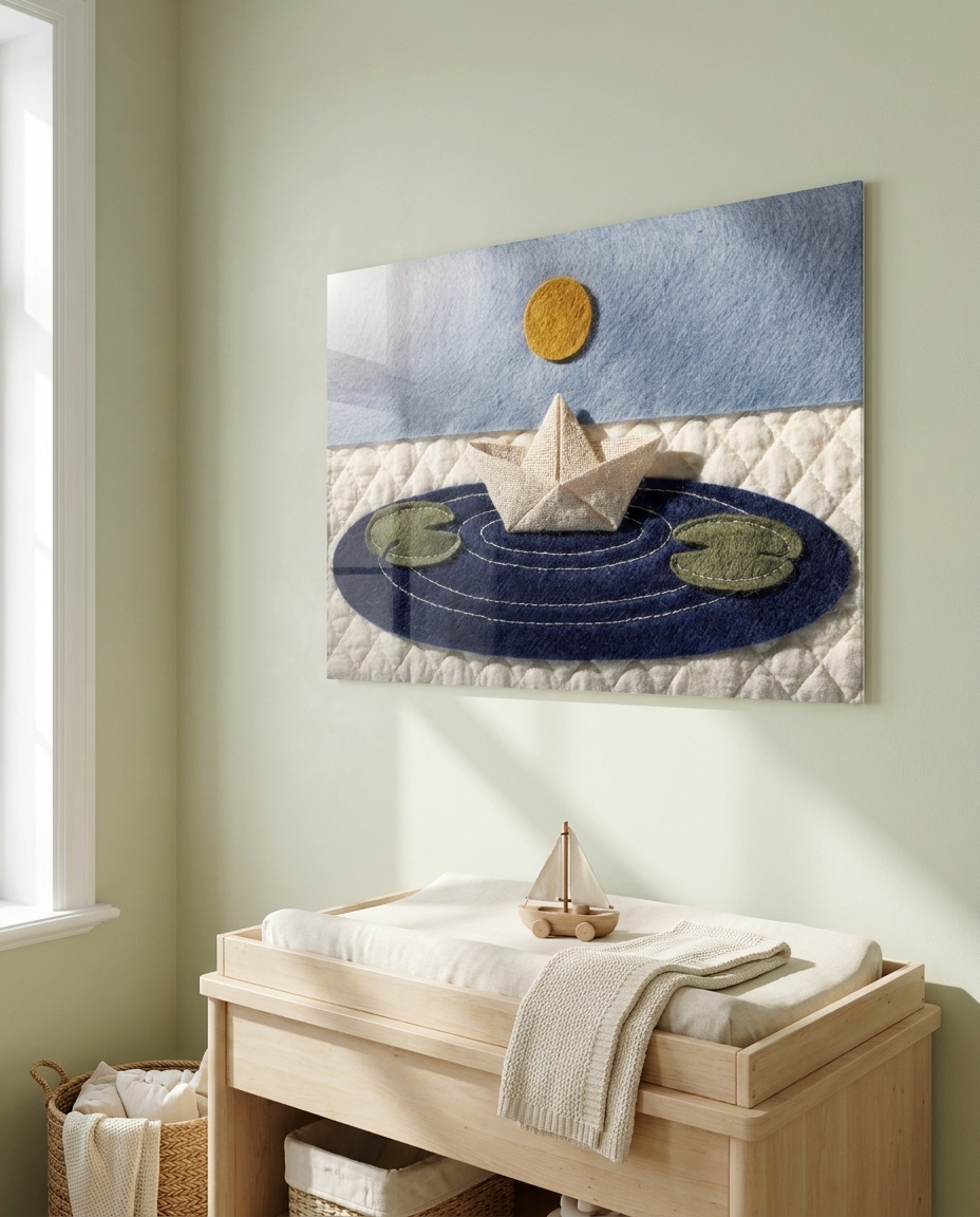 A folded unbleached linen boat drifts across a deep navy felt pond under a solitary mustard sun, evoking pure quietude.