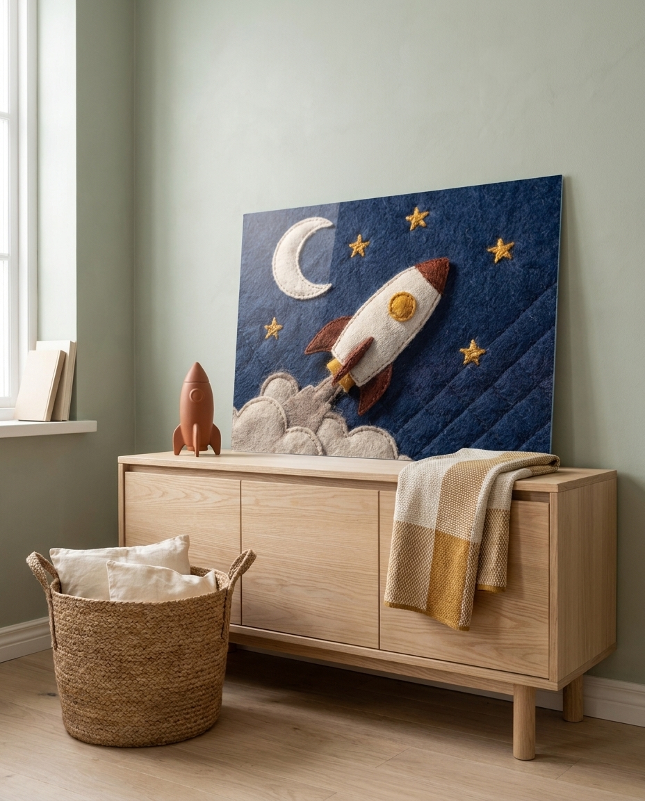 A crafted wool-felt rocket journeys across a deep indigo night sky amidst a stitched crescent moon and embroidered golden stars.