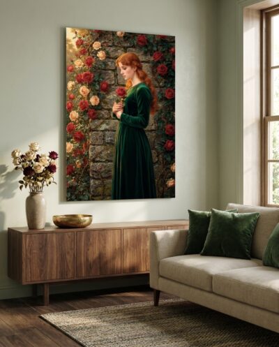 A copper-haired maiden in emerald velvet cradles a crimson bloom before an ancient stone wall draped in climbing roses.