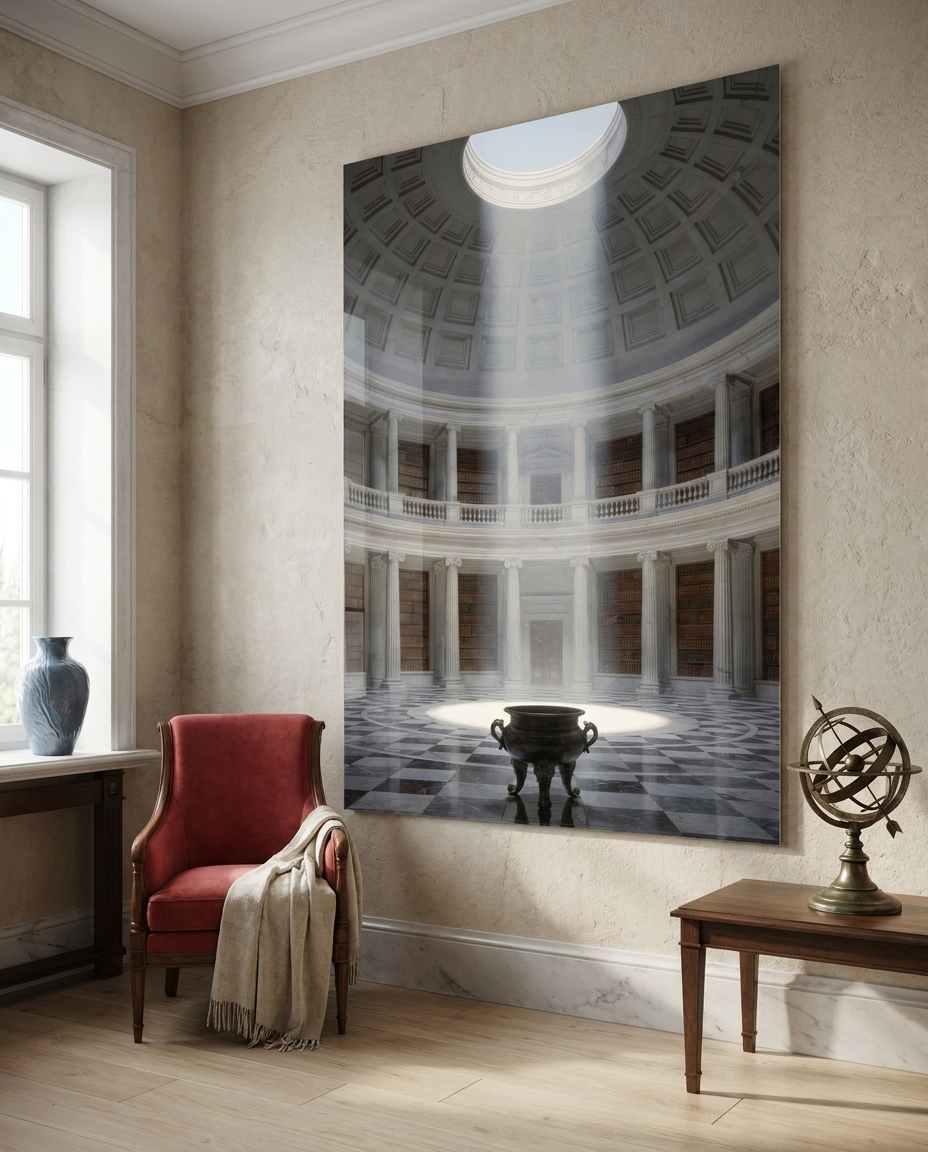A solitary shaft of morning light descends through an open oculus, bathing the soaring columns and quiet bookshelves of a monumental classical rotunda in pure stillness.