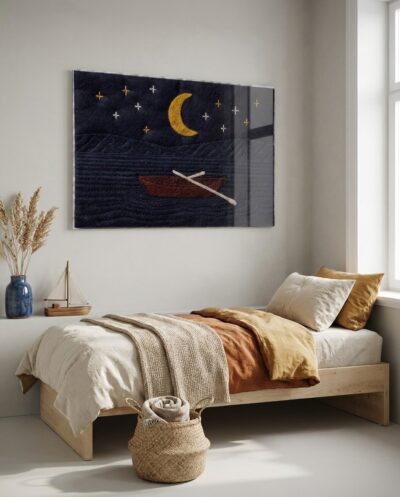 A rust-red skiff drifts across deep indigo waters beneath a stitched mustard moon, inviting restful contemplation.