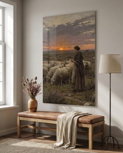 A solitary shepherdess knits beside her flock on an open heath as a glowing amber sun dips below the horizon.
