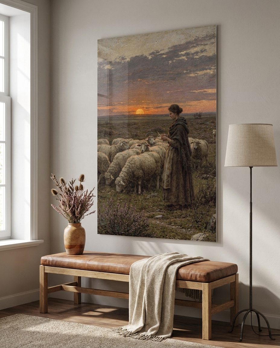 A solitary shepherdess knits beside her flock on an open heath as a glowing amber sun dips below the horizon.