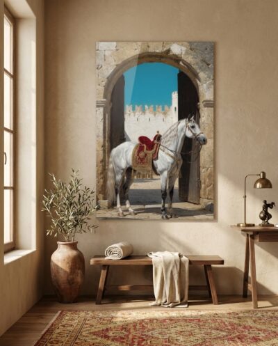 A noble white Arabian horse in ornate ceremonial tack stands poised beneath a sunlit citadel archway.