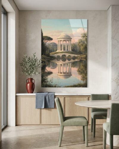 A classical circular temple and stone bridge rest in mirrored stillness over tranquil waters, bathed in the tender pastel warmth of dusk.