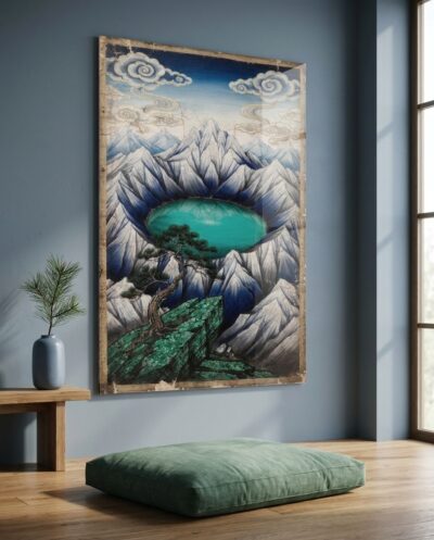 An emerald-turquoise alpine pool rests cradled by faceted peaks, guarded by a solitary gnarled pine beneath celestial ribbon clouds.