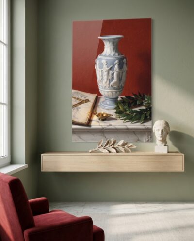 A pale blue jasperware urn rests atop cool marble, flanked by classical architectural plans, brass instruments, and lush laurel against a resonant Pompeian red wall.