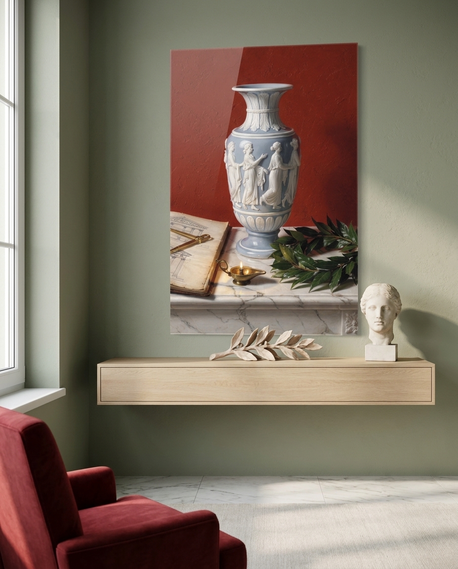 A pale blue jasperware urn rests atop cool marble, flanked by classical architectural plans, brass instruments, and lush laurel against a resonant Pompeian red wall.