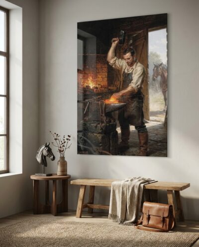 A blacksmith shapes incandescent iron upon an anvil, illuminated by flying sparks and the soft daylight entering through an open workshop door.