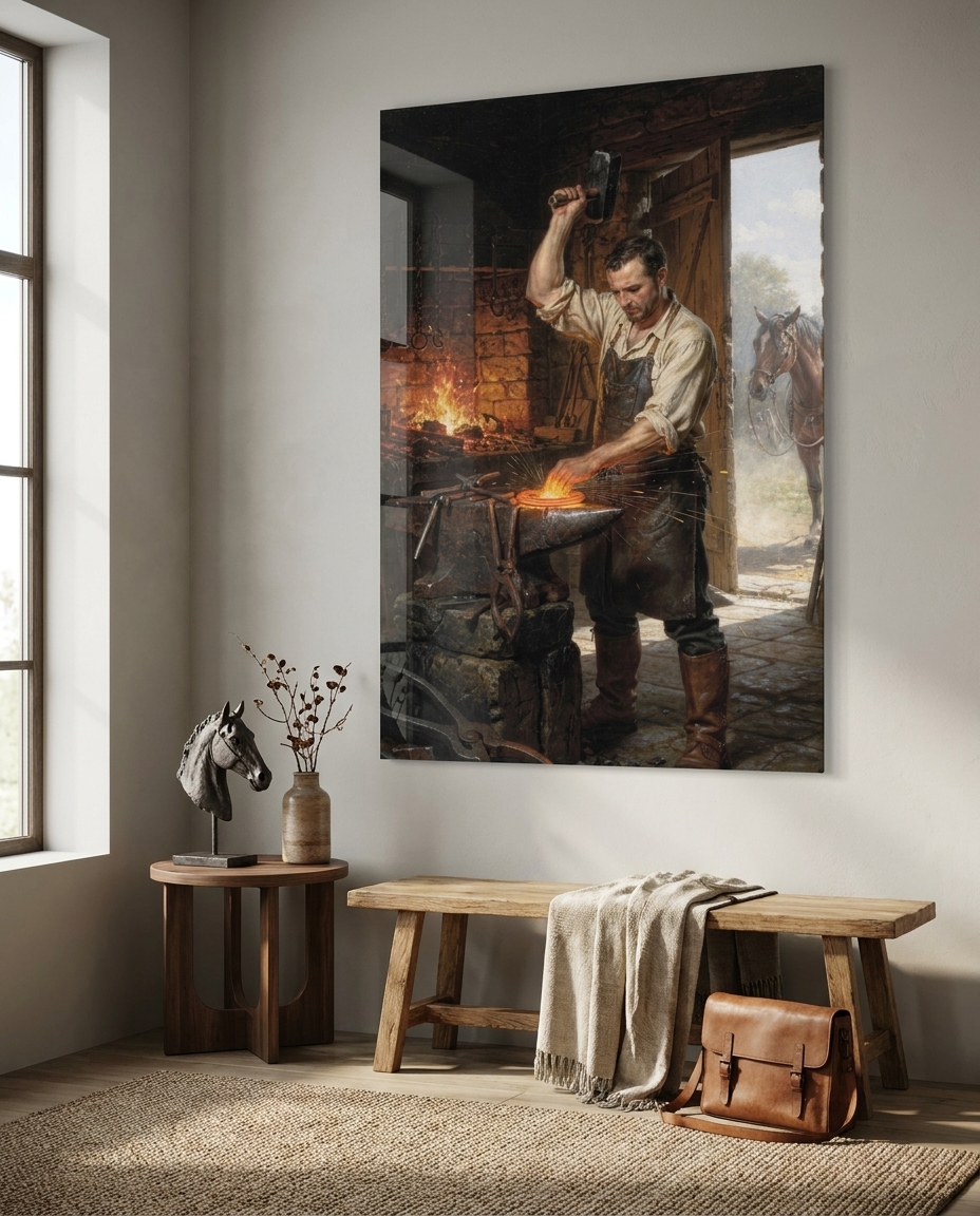 A blacksmith shapes incandescent iron upon an anvil, illuminated by flying sparks and the soft daylight entering through an open workshop door.