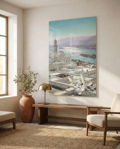 White doves take flight across sun-bleached terraces and graceful domes overlooking a shimmering river.