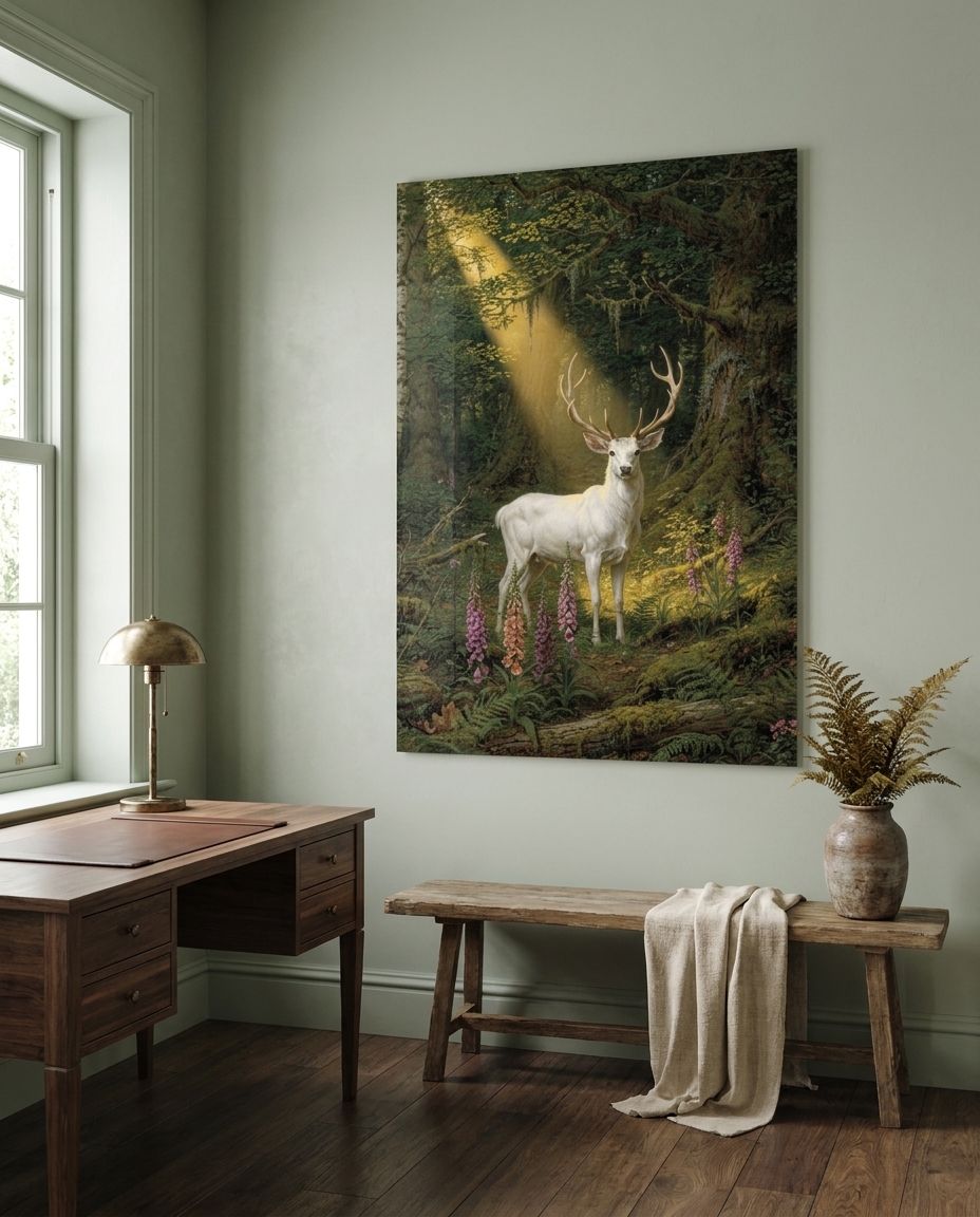 A luminous white stag stands bathed in a golden sunbeam amid an ancient, moss-laden forest carpeted with blooming foxgloves.