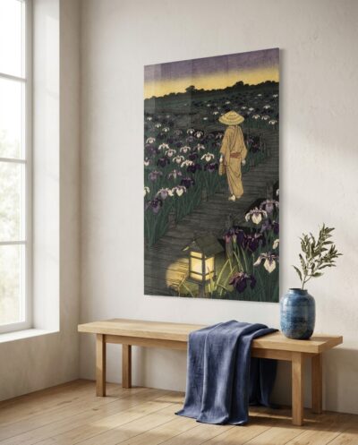 A solitary traveler walks along a wooden boardwalk winding through blooming purple irises, guided by a glowing lantern at dusk.