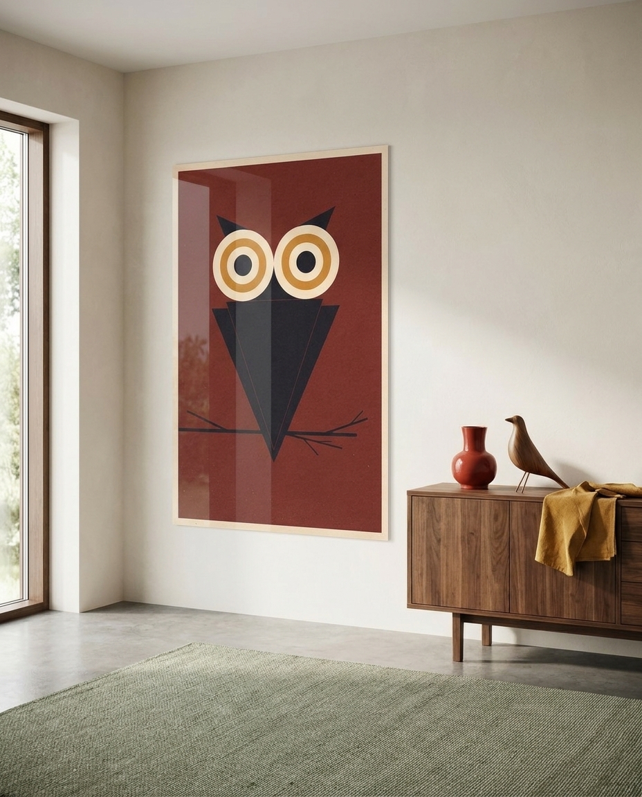 Concentric golden eyes anchor a geometric owl poised in deep charcoal against a warm oxblood ground.