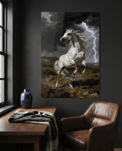 A rearing white stallion confronts a tempestuous moorland sky fractured by an electric bolt of lightning.