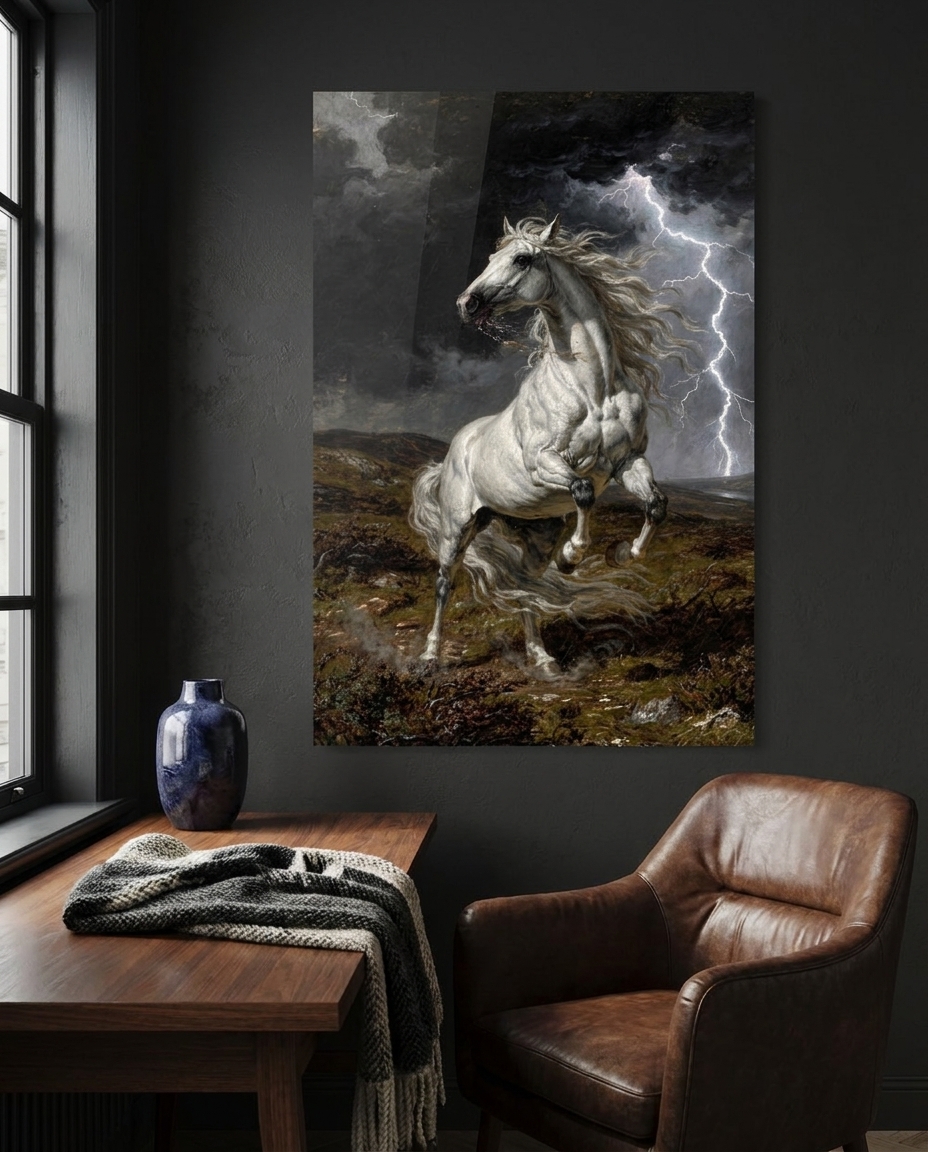 A rearing white stallion confronts a tempestuous moorland sky fractured by an electric bolt of lightning.